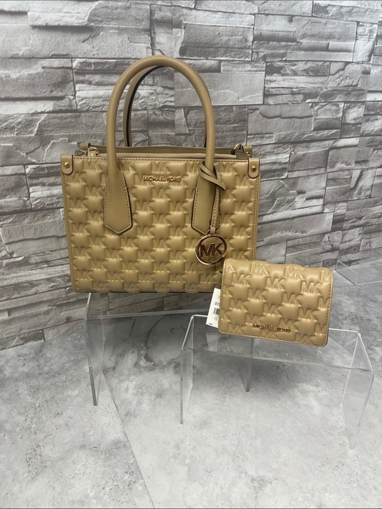 Michael Kors Handbags - Michael Kors Maple Embossed Puffy Logo Small Satchel & Matching Wallet Camel Tan